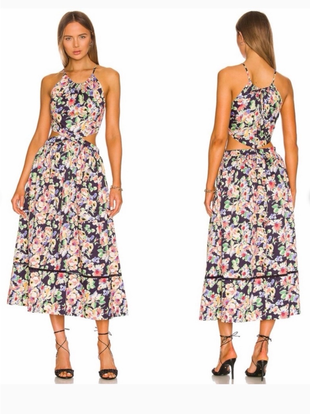 Something Navy Floral Cutout Halter Midi Dress - Navy Multi